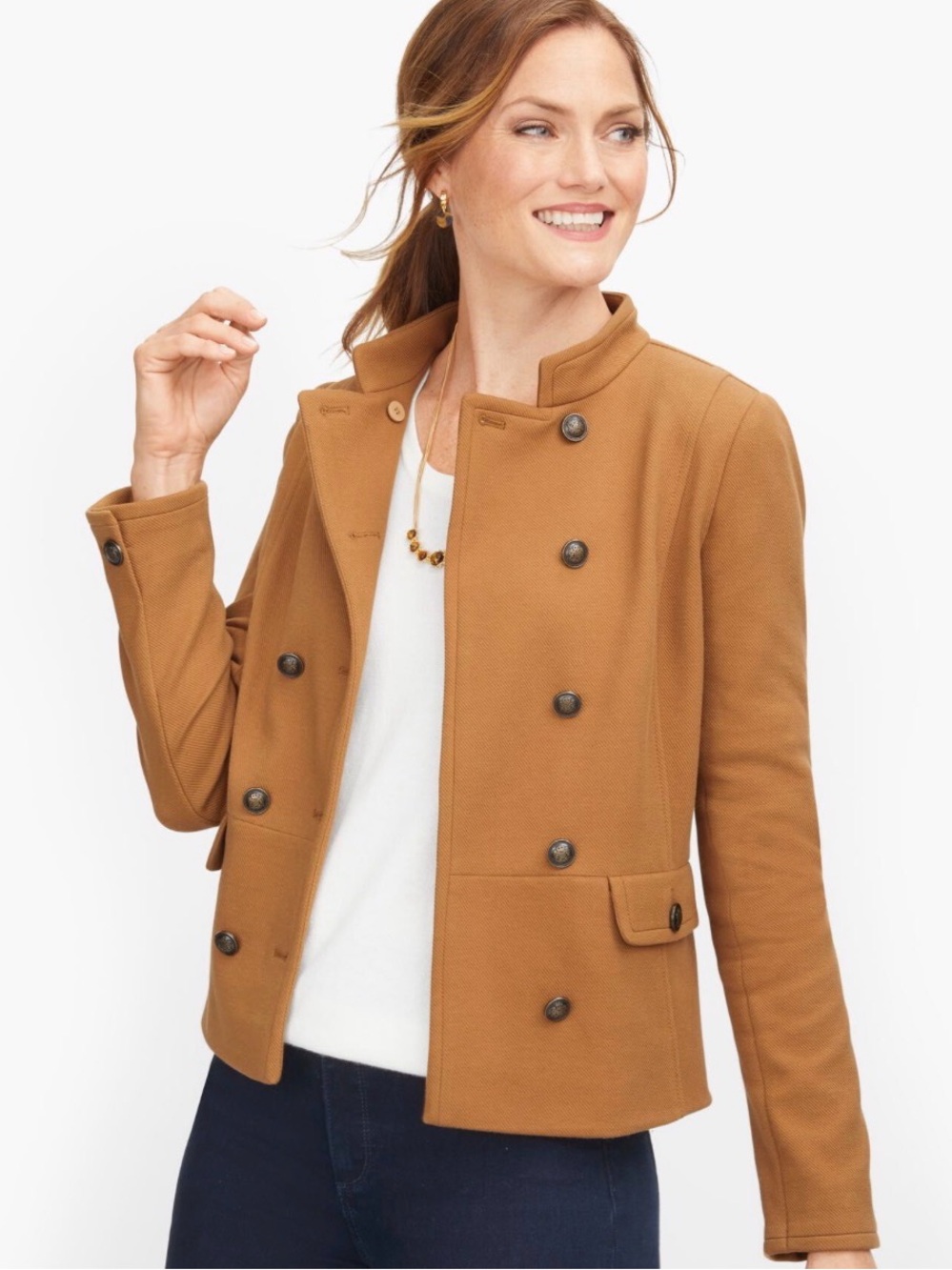 Women's brown double-breasted Talbots Twill Knit Band Jacket in chestnut large